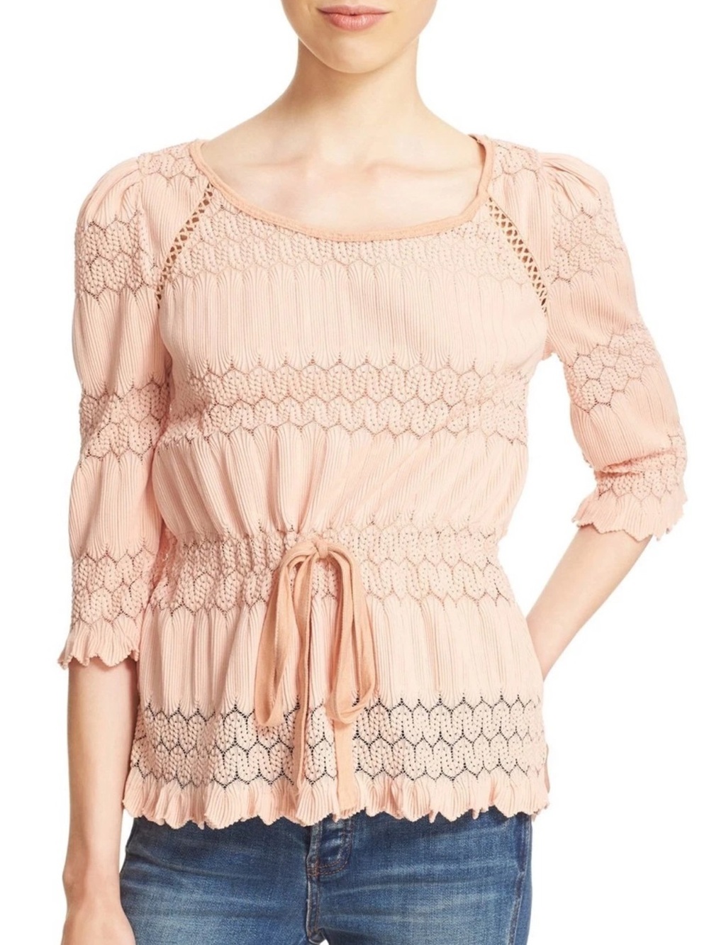 NWOT Free People Women's Fire Island Peach Open Knit Top, Size XS
